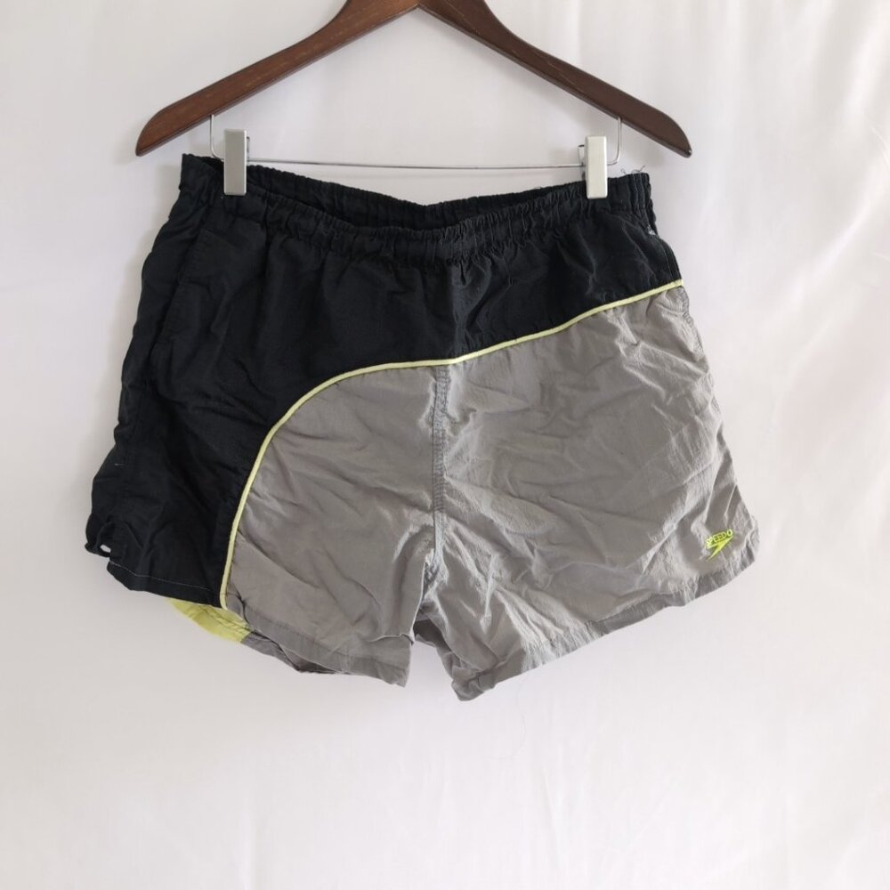 Vintage Y2K Speedo Men's Swim Shorts Light Grey/Neon/Black Lined, Small